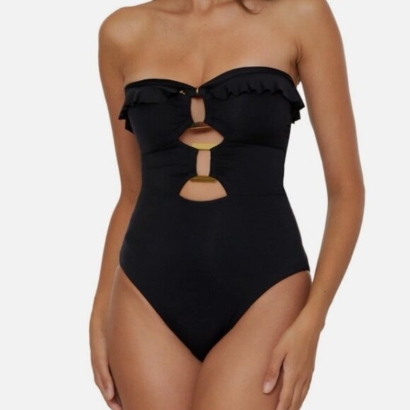 NWT! Soluna Black Ruffle Cutout Hardware One Piece Swimsuit NEW! - Picture 2 of 5